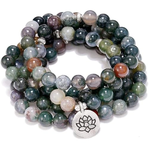 108 Natural Indian Agate Mala Beads Strand Bracelet Stretch Buddha Healing Gemstone Reiki Quartz Crystal Wrap Yoga Meditation Prayer Rosary Jewelry for Women Men - color: Lotus