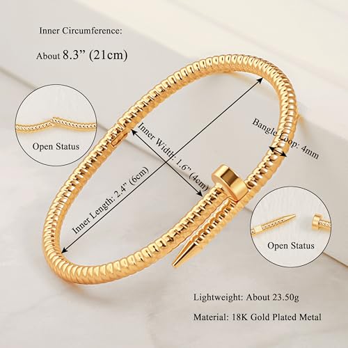 18K Gold Plated Open Cuff Bangle for Women Statement Brushed/Hammered/Textured Bracelet Layering Jewelry Love Gift for Her - style: Screw Nail Bangle