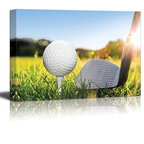 Canvas Prints Wall Art - Golf Ball on White Tee and Golf Club Preparing to Shot. Green Grass Golf Course. Blue Sunny Sky - 12" x 18" - color: Golf Ball, size: 18"L x 12"W