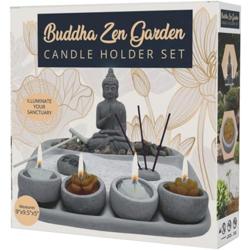 Buddha Zen Garden Candle Holder Set, Tabletop Meditation Kit with Incense Holder, Decorative Rocks and Sand