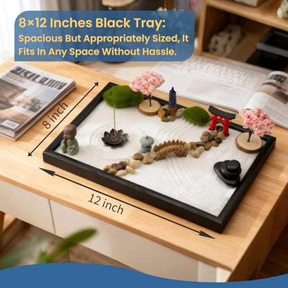 Zen Garden Kit for Desk, 12x8 Inch Sand Tray with 16 Accessories and 6 Tools, Japanese Meditation Mini Garden Set,Mini Meditation Decor for Adults, Stress Relief, Home & Office Decor, Unique Gift Set.