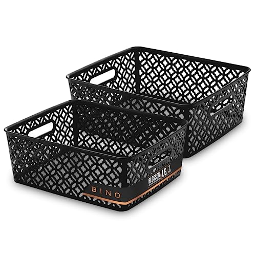 BINO l Plastic Storage Baskets, Large - Black | THE BLOSSOM COLLECTION l Multi-Use Organizer Bin l Built-in Handles l Plastic Woven Basket for Organizing l Pantry & Home Organizing Basket - color: Black, size: 2PK Large