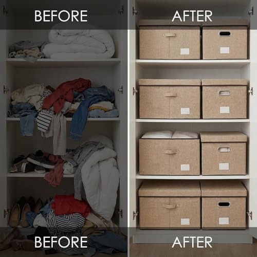 Storage Bins with Lids [3-Pack] Jute Fabric Foldable Storage Boxes Organizer Containers Baskets Cube with Cover for Home Bedroom Closet Office Nursery khaki（23.4X15.9X11.5