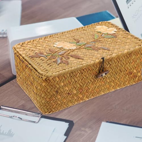 Woven Storage Box with Embroidery Pattern, Rectangular Medium-sized Sundries Organizer, Portable Straw Jewelry and Desktop Storage Case with Lid for Home and Office