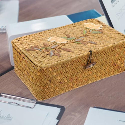 Woven Storage Box with Embroidery Pattern, Rectangular Medium-sized Sundries Organizer, Portable Straw Jewelry and Desktop Storage Case with Lid for Home and Office