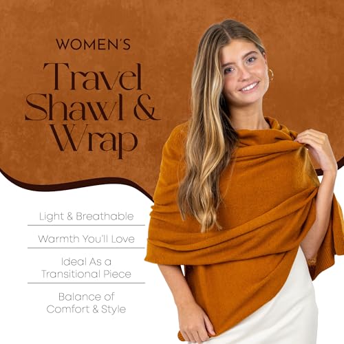 Velanio Cashmere Luxury Knitted Wrap Travel Shawl Scarf, Pashmina Stole, All-Season Scarf for Women Cashmere Wool Blend - color: Sienne