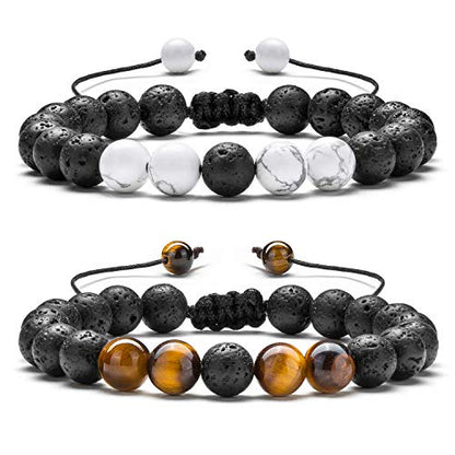 Men Women 8mm Lava Rock Aromatherapy Anxiety Essential Oil Diffuser Bracelet Braided Rope Natural Stone Yoga Gifts Beads Bracelet Bangle-21017 - style: Simulated Howlite & Tiger Eye