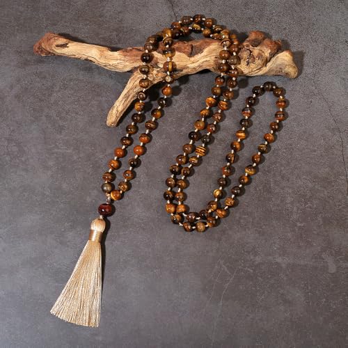 8mm Natural Stone 108 Mala Beads Necklace for Men and Women - color: Brown Tiger Eye