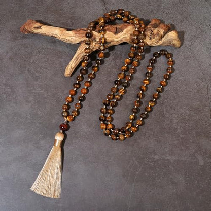 8mm Natural Stone 108 Mala Beads Necklace for Men and Women - color: Brown Tiger Eye