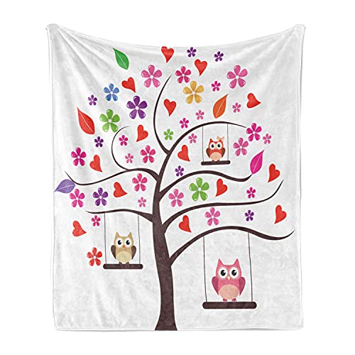 Lunarable Owls Soft Flannel Fleece Throw Blanket, Cartoon Tree with Hearts and Owl Family Swinging Ornamental Lines Floral Illustration, Cozy Plush for Indoor and Outdoor Use, 50" x 60", Pink White - color: Pink White, size: 50" x 60"