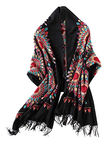 Urban CoCo Women's Embroidered Oversize Tassel Shawl Scarf Wraps for Women - color: Black