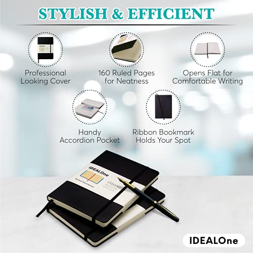 IDEALOne Hardcover Journal Lined–A5 (5.7x8) small notebook, College Ruled Journaling Notebooks,160 pages, 100GSM Thick Paper, Journal for Women, Men, Teens - Black