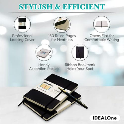 IDEALOne Hardcover Journal Lined–A5 (5.7x8) small notebook, College Ruled Journaling Notebooks,160 pages, 100GSM Thick Paper, Journal for Women, Men, Teens - Black