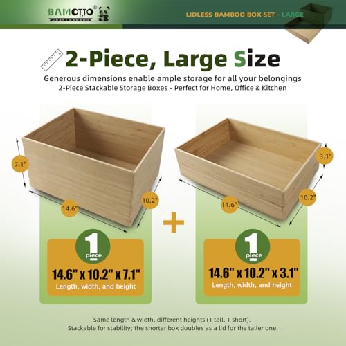 2-Piece Large Bamboo Storage Box Set - 7.1in High Stackable Deep-Drawer Organizer, Lidless Bin for Kitchen Cutlery Utensils, Home & Office (14.6"x10.2"x7.1"+14.6"x10.2"x3.1")