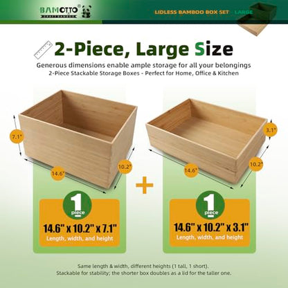 2-Piece Large Bamboo Storage Box Set - 7.1in High Stackable Deep-Drawer Organizer, Lidless Bin for Kitchen Cutlery Utensils, Home & Office (14.6"x10.2"x7.1"+14.6"x10.2"x3.1")