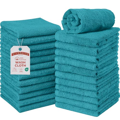 RIVERSIDE Pack of 24 Wash Cloths for Showering, 12 x 12 Inches, Super Soft & Absorbent, 100% Cotton Washcloths Premium Quality Flannel Face Cloths for Bathroom, Gym, Spa (Teal, 24 Pack) - color: Teal