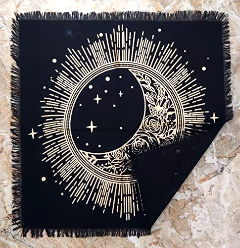 INDACORIFY Moon Altar Table Top Cloth with Fringes Alter Tarot Witchcraft Spread Meditational Spiritual Sacred Cloth 18x18 in (Gold Flower Moon Star) - color: Gold Flower Moon Star