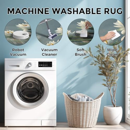3x5 Washable Nature Meditation Area Rugs for Living Room, Zen Stone Rug for Bedroom, White Lotus Home Decor, Non Slip Low Pile Soft Thin Indoor Carpet D&T55