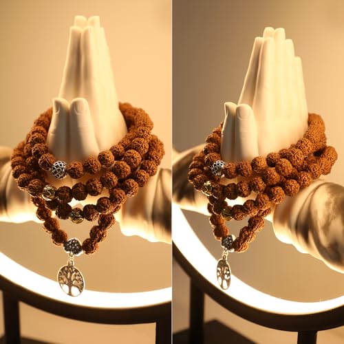 Authentic 5 Mukhi Rudraksha Mala - 108 Beads Spiritual Necklace with Tree of Life Pendant (10mm) - Yoga Meditation Jewelry for Men & Women - All-Natural Beads Chemical-Gift Box