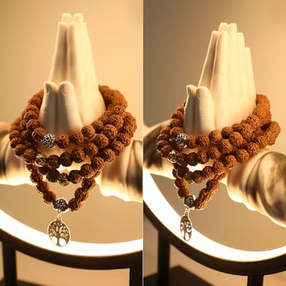 Authentic 5 Mukhi Rudraksha Mala - 108 Beads Spiritual Necklace with Tree of Life Pendant (10mm) - Yoga Meditation Jewelry for Men & Women - All-Natural Beads Chemical-Gift Box