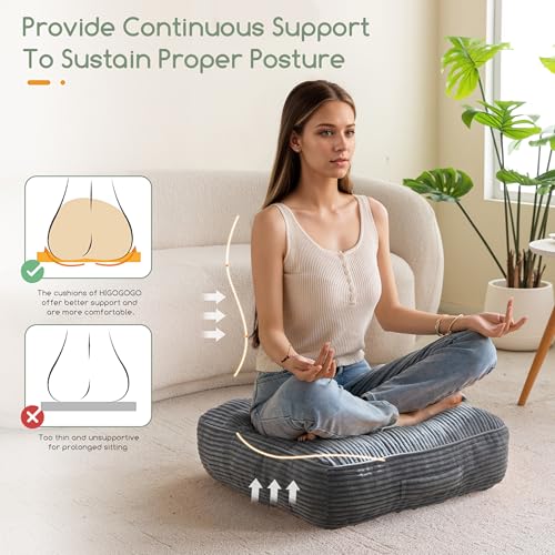 HIGOGOGO 6" Extra Thick Floor Pillow Cushion for Adults, Meditation Cushion Pillow, Large Square Floor Sitting, Tufted Corduroy Cover, for Tatami Living Room or Yoga, 22x22 Inch, 2Pack, Dark Grey