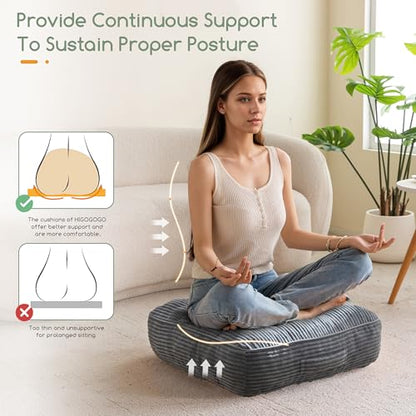 HIGOGOGO 6" Extra Thick Floor Pillow Cushion for Adults, Meditation Cushion Pillow, Large Square Floor Sitting, Tufted Corduroy Cover, for Tatami Living Room or Yoga, 22x22 Inch, 2Pack, Dark Grey