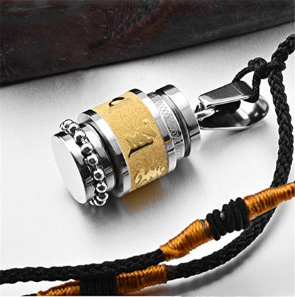 Men's Stainless Steel Open Lucky Buddha Mantra Pendant Necklace Bottle Container Memorial with Braided Rope - color: Mantra - Gold (small)
