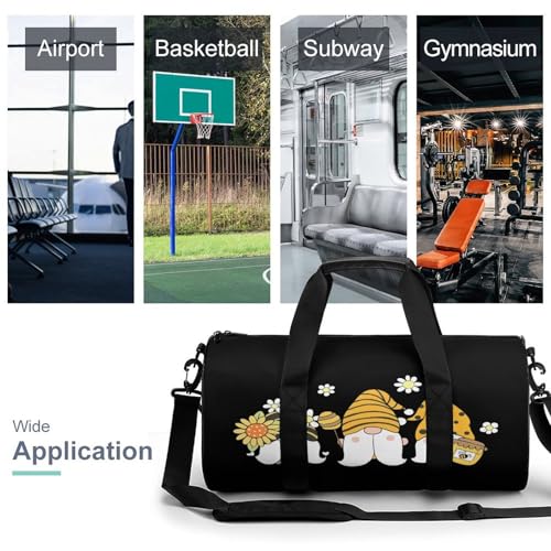 Sunflower Bee Cute Cartoon Gnome Black Cylindrical Portable Fitness Bag, Large Capacity Handbag - color: Sunflower Bee Cute Cartoon Gnome Black