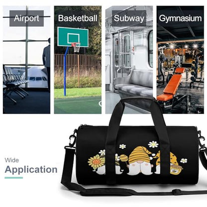 Sunflower Bee Cute Cartoon Gnome Black Cylindrical Portable Fitness Bag, Large Capacity Handbag - color: Sunflower Bee Cute Cartoon Gnome Black
