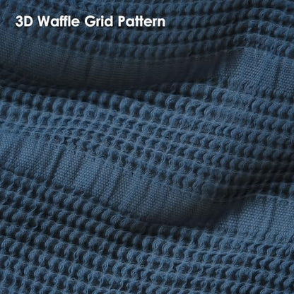 Mira Waffle Throw Blanket with Tassels - 50x66 Inch - 100% Turkish Cotton Tencel Breathable Blend Lightweight Blanket for Couch, Sofa, Bed - color: Denim