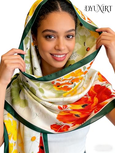 100% Mulberry Silk Oversized Women’s Sun-Shielding Shawl Formal Evening Neckwear Featherlight Airy - color: N28-vivid Bloom Scarf（69" X 21"inch）