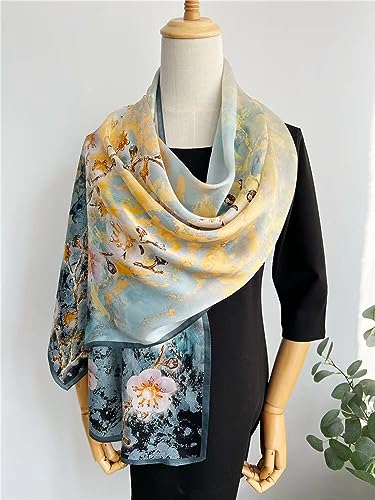 100% Mulberry Silk Long Scarf for Women Large Shawls for Headscarf and Neck- Oblong Hair Wraps with Gift Packed - color: Gold&blue