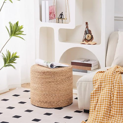 18'' Pouf Ottoman, Natural Braided Poof, Round Poufs, Rustic Handweave Lounge Pouffe, Boho Footrest Stool for Bedroom, Accent Table or Seat for Patio, Living Room - color: 18inch Natural Water Hyacinth Braid