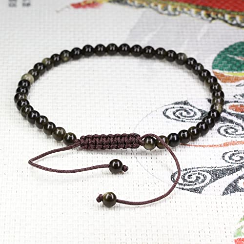 Keleny Natural Gemtones 4mm Round Beads Crystal Adjustable Braided Macrame Tassels Bracelets Unisex - color: Golden Obsidian
