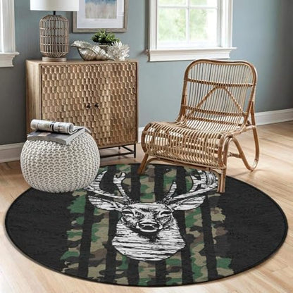Modern Round Area Rug, Non-Slip Machine Washable Kitchen Office Circle Rug, Room Sofa Yoga Soft Round Carpet Compatible with Deer Camo Camouflage American Flag Hunting Black 24inch(60cm) - color: Color597, size: 24inch(60cm)