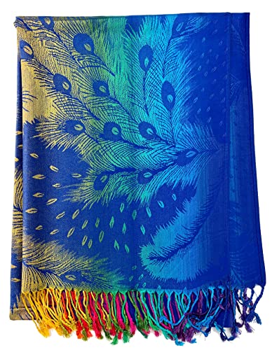 Plum Feathers Tapestry Ethnic Paisley Pattern Pashmina Shawl Scarf, Womens Pashmina Shawl Wrap with Fringes - color: Blue Rainbow