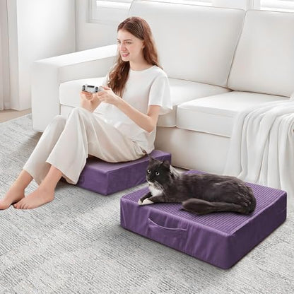 Large Floor Pillows for Adults, Thick Meditation Floor Cushions for Sitting Yoga, 22x22x5 Foam Seat Cushions Set of 2 for Furniture, Floor Pillow with Pleated Velvet Removable Cover, Lavender