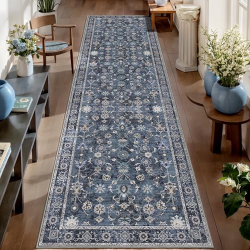 Tangsoo 2x10 Washable Runner Rug for Hallway Non Slip, Boho Floral Vintage Carpet Long Runner Rugs for Entryway Kitchen, Floor Low Pile Runners for Laundry Bedroom Alfombra Blue Black Farmhouse - color: Distressed Blue Black, size: 2' X 10' (Runner)