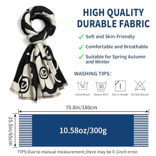 QIUTIMIY Pashmina Shawl Wraps for Womens Winter Scarf Reversible Pattern Designer Ladies Shawls and Wraps for Evening Dresses - color: Flower6-black White