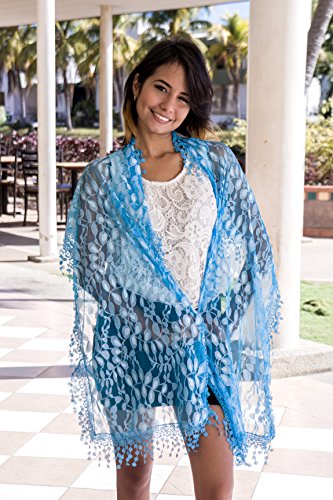 Cindy and Wendy Lightweight Soft Leaf Lace Fringes Scarf Bridal Veils shawl for Women - color: Turquoise Blue