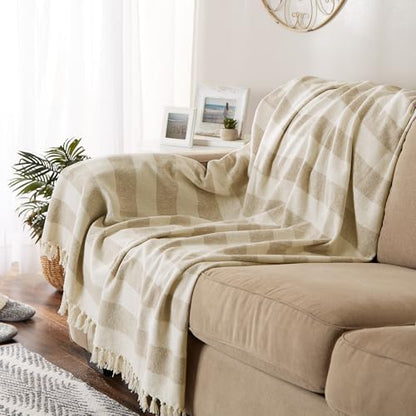 DII Rustic Farmhouse Cotton Cabana Striped Blanket Throw with Fringe, 50 x 60 - Cabana Striped Stone