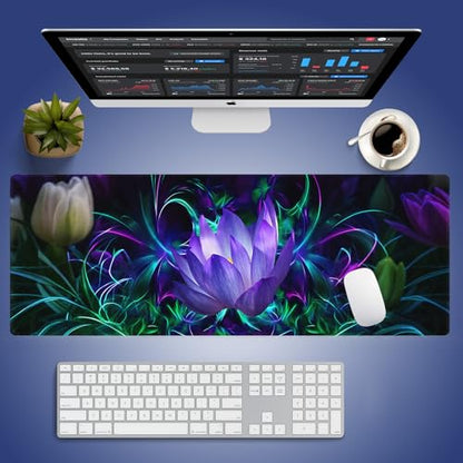 XXL Gaming Mouse Pad with Stitched Edges - Abstract Modern Neon Lotus Painting Purple Glowing Flowers Blossom, Smooth Cloth Surface Anti-Slip Rubber Base Large Desk Mat for Mice & Keyboard - color: Lotus Painting
