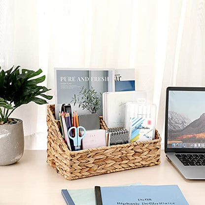 BTSKY Woven Divided Storage Basket Natural Hyacinth Vertical Wicker Storage Baskets 4 Compartments Desktop Home Office Supplies Sorter Rack