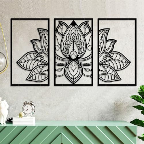 ESTART Large Lotus Flower Metal Wall Art 3-piece Set, Religion Faith Mandala Home Wall Decoration for Living Room, Bedroom, Office and Yoga Room - color: Black, size: 43L" x 22W"