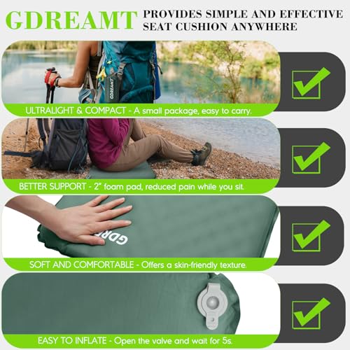 Inflatable Seat Cushion, Self-Inflating Memory Foam Stadium Seats Cushion Portable Camping Air-Foam Sitting Pad for Travel Airplane Car Bleachers Backpacking Office, Lightweight & Compact - color: 1 Pack Green