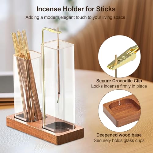 2 in 1 Incense Holder & Upside Down Burner with 7.8" & 5.9" Glass Jars, Ash Catcher & Storage for Sticks, Wooden Bakhoor Burner for Yoga Meditation Home Decor, Includes 20 Incense Sticks & Brush