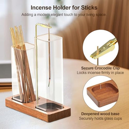 2 in 1 Incense Holder & Upside Down Burner with 7.8" & 5.9" Glass Jars, Ash Catcher & Storage for Sticks, Wooden Bakhoor Burner for Yoga Meditation Home Decor, Includes 20 Incense Sticks & Brush