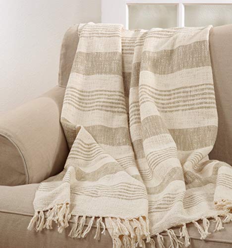 SARO LIFESTYLE Striped Cotton Throw Blanket with Tasseled Trim, Natural, 50"x60"