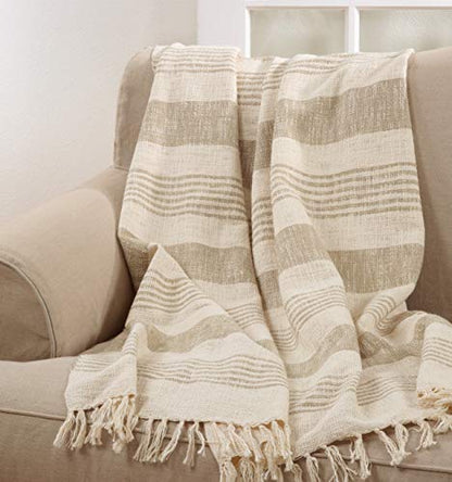 SARO LIFESTYLE Striped Cotton Throw Blanket with Tasseled Trim, Natural, 50"x60"