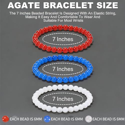3PCS Agate Bracelet for Women Men Natural Round Beaded Agates Stone Healing Stretch Bracelets Elastic Handmade Polished Gemstone Beads Bracelet - color: Red+Blue+White
